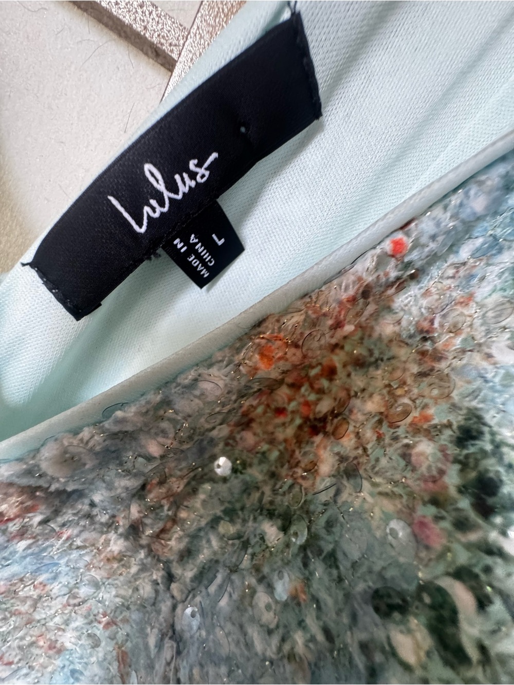 🩵LULU’s Sequin Embellished V-Neck Maxi Dress in Light Blue and Rose Gold - Picture 4 of 10